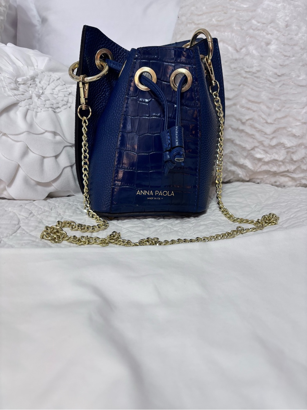 Anna Paola Vera Pelle Italian Leather Blue Croc Bucket Bag
